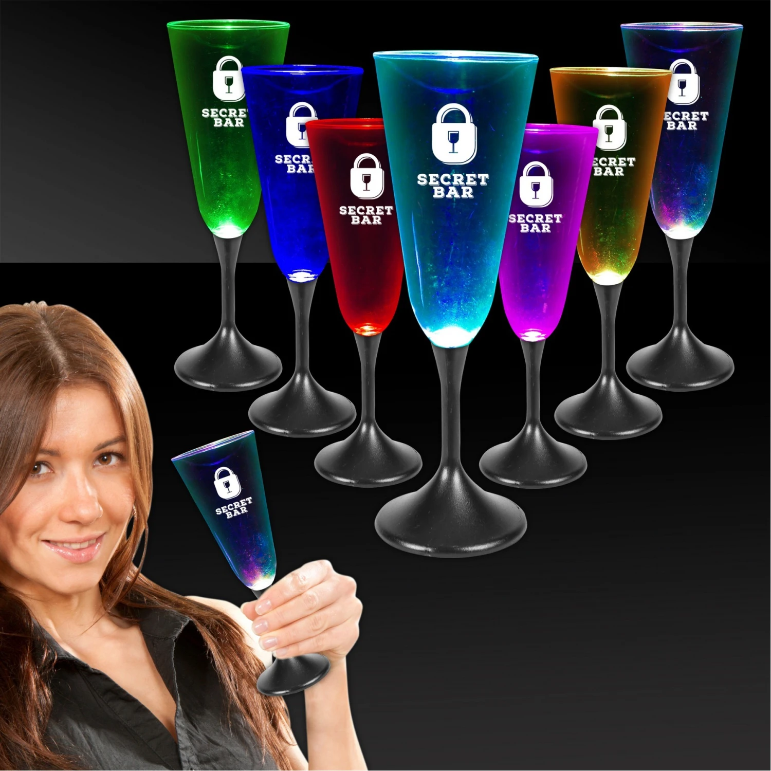 7½ Oz. Pad Printed Light-Up Champagne Flute W/Black Base 1 7½ Oz. Pad Printed Light-Up Champagne Flute W/Black Base